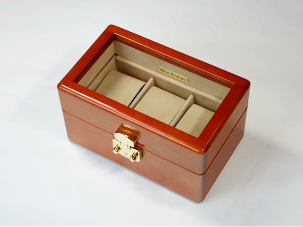 内装布仕上げ　メイプル材3本用topガラス　イタリア製LOCK　時計ケース