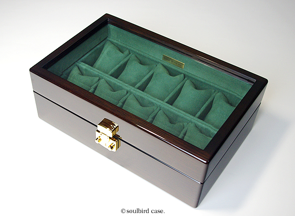 オーク材 高級時計ケース　内装シープスエードグリーン